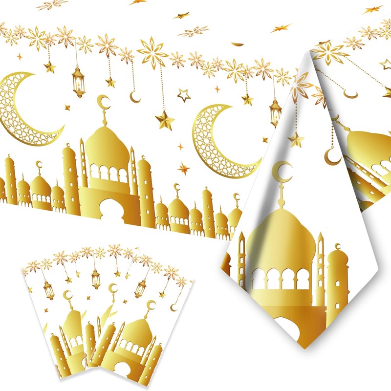 2Pcs Ramadan Table Cloth for Eid Tablecloths Party,130*220cm White Gold