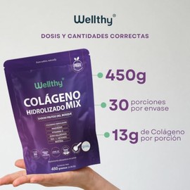 Wellthy Colágeno Hidrolizado Mix 450g Sabor frutos rojos. Reforzado con Magnesio, Vitamina C, Ácido Hialurónico, Zinc y Biotina. Scoop Incluído, Grass