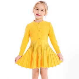SMILING PINKER Little Girls Pleated Dress School Uniform Long Sleeve Button Front Knit Sweater Dress (Yellow, 7-8 Years)