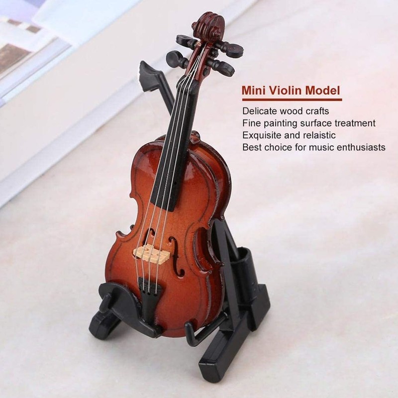 Wooden Miniature Violin with Stand Bow and Case Mini Musical