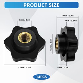 Pack of 14 Star Grip Nuts M8 Large Knurled Screw M8, Black Knurled Nut Universal Star Screw, M8 x 32 mm Star Head Screw Assortment for Machine Tools, Furniture and Electronic Devices