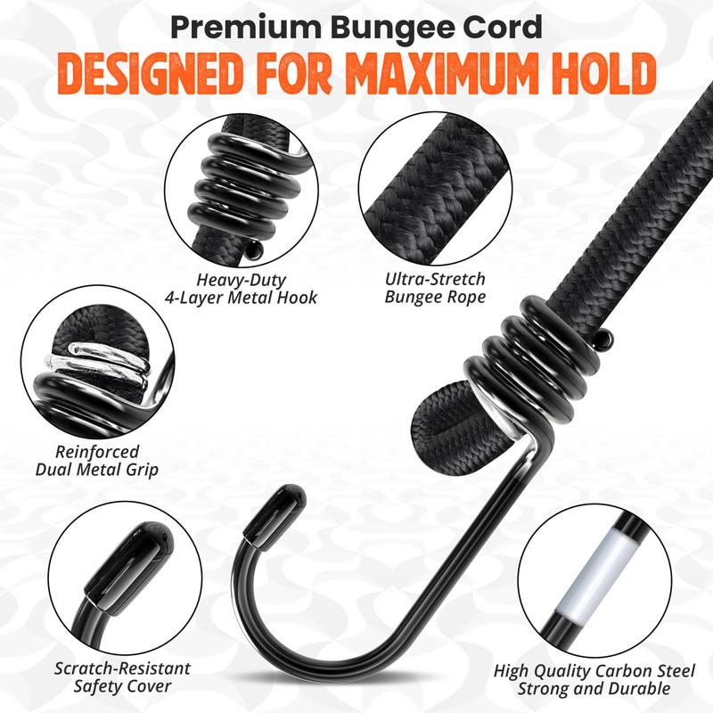 Bungee Cords with Hooks Heavy Duty Weatherproof & UV-Resistant Elastic