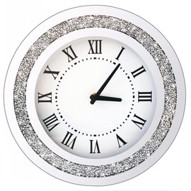Silver Round Mirror Clock 12inch Crystal Sparkle Twinkle Bling Crush Diamond Mirrored Wall Clock for Wall Decoration Silver Glass Mirror Home Decor. AA Battery is not Included.