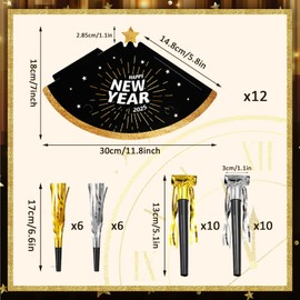 Yazabai 44 Pcs 2025 New Year's Eve Party Supplies Including Happy New Year Hats Glasses Silver and Gold Noisemakers (Hats)