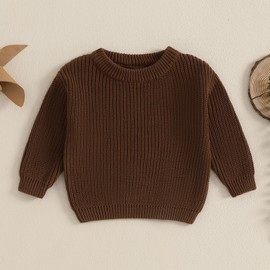 Pivanzore Baby Girl Boy Toddler Knit Sweater Cute Round Neck Long Sleeve Blouse Pullover Oversized Sweatshirt Warm Kids Tops Bronze