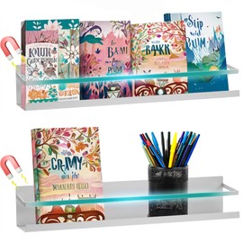 VANPET 2 Pcs Metal Magnetic Book Shelf for Whiteboard, Metal Magnetic Bookshelf, Book Display Shelf for Teacher Kids Classroom Office (White, 15.8" x 2.8" x2.8")