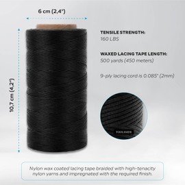 TOOLSSIDE 9-Ply Black 2mm Waxed Twine 1500 Feet/500 Yard Wax Lacing Cord Nylon (210D Polyester) - 160 LBS Tensile Strength Black Twine String for Crafts, 1-Roll