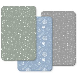 Unnivoll Travel Cot Sheets 95 x 65 cm Fitted Super Soft & Breathable Travel Cot Mattress Sheets 3 Pack Gray Green Constellation