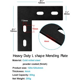 2 Pack L Shape 4mm Thick Heavy Duty Flat Straight Bracket, 120mm x 120mm x 38mm Black Mending Plates for Projects Shelves Wood Metal Works Furniture Cupboards