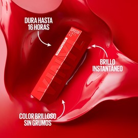 Maybelline Super Stay Vinyl Ink, Labial Líquido de Larga Duración, Efecto Vinilo y Acabado Brillante Instantáneo, Color Intenso por Hasta 16 Horas, Tono Peppy