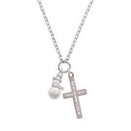 Delight Jewelry Silvertone Imitation Pearl Snowman - Be Still and Know Engraved Cross Zoey Necklace, 28"