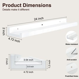 RANXFLOAT Picture Ledge Shelf for Wall, Floating Shelf with Lip, Wooden Long Floating Shelves for Wall Decor, Solid Wood Wall Shelves for Living Room, Bedroom, 24 Inch Set of 2 White