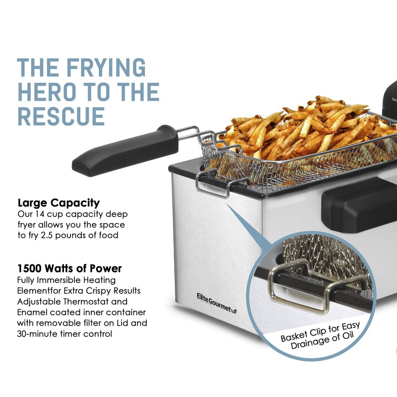 Elite Gourmet EDF-3500 Electric Immersion Deep Fryer. Removable Basket, Timer