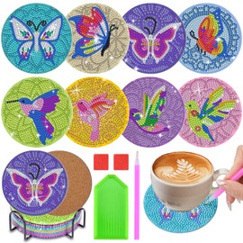 Homgaty 8 PCS Dia-mond Painting Coasters Kit with Holder,Diamond Art Coasters DIY Craft Kit for Beginners, Adults & Kids Crystal Art Butterfly Bird Patterns