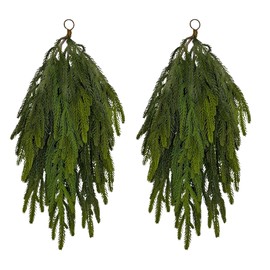 Norfolk Pine Artificial Christmas Teardrop Swags, 26 inch Long, 12 inch Wide, Set of 2, Indoor Outdoor, Natural Look