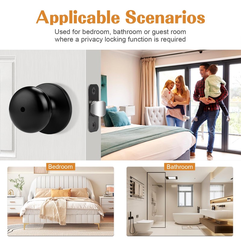 Probrico Privacy Door Knobs Black Matte Privacy Lock, Keyless Standard