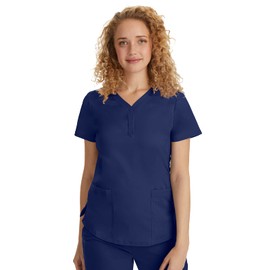 Healing Hands Women's Y-Neck Scrub Top with 2 Pockets, Knit Details, Shirttail Hem, and 2-Way Stretch Fabric 2167, Large, Navy