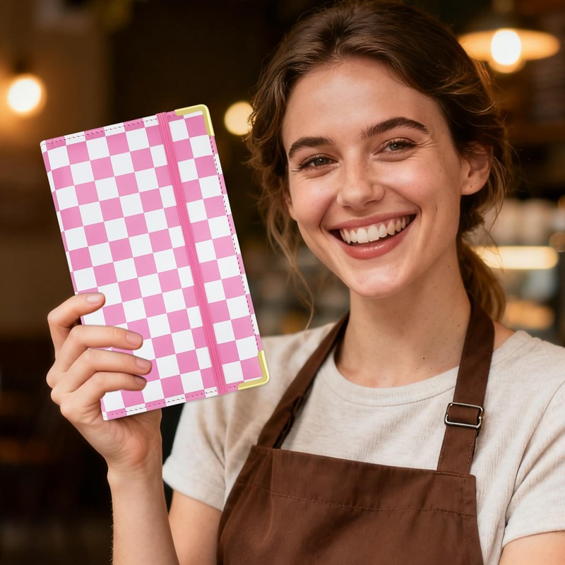 Large PU Leather Waitress Server Book, Retro Checkerboard Check Holder