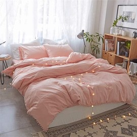 TanNicoor Pom Fringe Duvet Cover Set - 2 Piece Natural Ultra SOFE Color Washed Cotton Bedding Set, Modern Style Down Comforter Quilt Cover with Zipper Closure(Full, Pink)