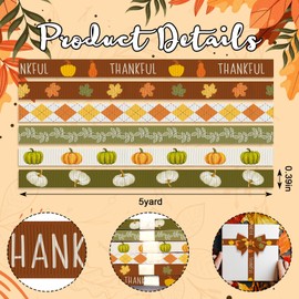 Hying 6 PCS Fall Pumpkins Ribbons for Crafting, 3/8" Width Thanksgiving Grosgrain Ribbons Green Orange Ribbon Autumn Maple Leaves Craft Ribbons for Gift Wrapping DIY Fall Thanksgiving Decoration