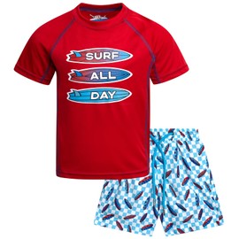 Beach Bros. Boys Rash Guard Swimsuit Set - UPF 30+ Kids Short Sleeve Bathing Suit Swimwear Sets (Sizes: 5-14), Size 6, Red Surf All Day