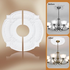NICENEEDED 1Pack PU Ceiling Medallion 12 Inch OD x 3.5 Inch ID, Split Lighting Ceiling Cover Plate Ceiling Fan Medallion, Vintage Carved Flower PU Ceiling Medallion