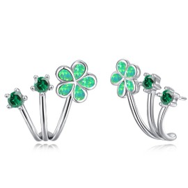 CiNily Saint Patrick's Day Earrings Stud for Women Trendy 14K White Gold Green Opal Flower Piercings Studs Earrings Cubic Zirconia Claw Ear Wrap Earrings Jewelry Gift for Wedding Party Birthday