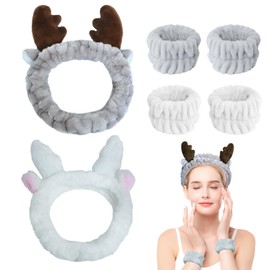 Gabrella Animals Ears Headband for Washing Face, Spa Headband and Wristband Set, Cute Antler Makeup Headbands for Women Girls Shower Sports Makeup Bath