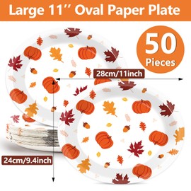 50PCS Fall Oval Paper Plates Large 11” Disposable Autumn Party Decorations Maple Leaf Pumpkin Supplies Favor for Thanksgiving Theme Platters Fall Heavy Duty Dish Gathering Dinner Party Tableware Set