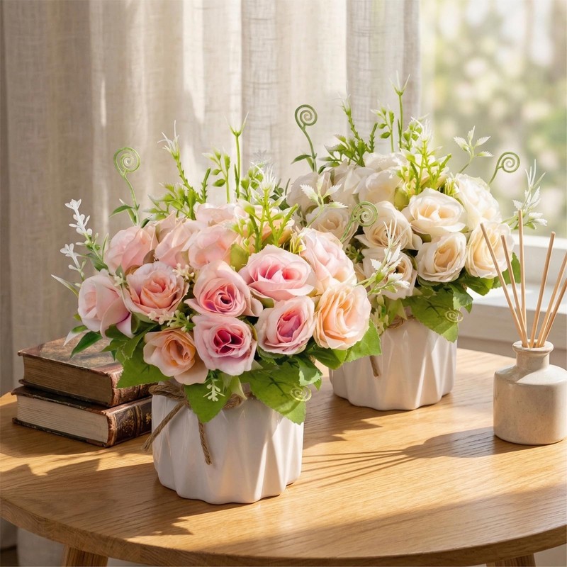 Mandarooker Fake Flowers with Vase,Pink Roses Artificial Flowers in Vase