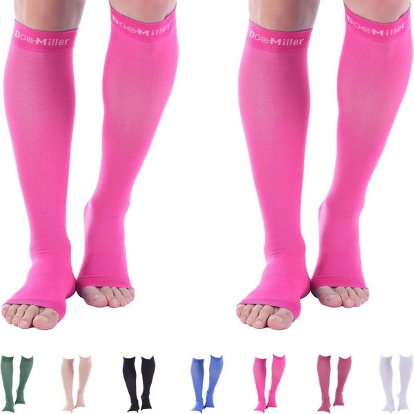 Doc Miller Toeless Compression Socks Women and Men 2 Pair - 20-30mmHg - Open Toe Compression Socks Women for Shin Splints Varicose Veins Leg Cramps Recovery - Support Circulation - Pink Small Size