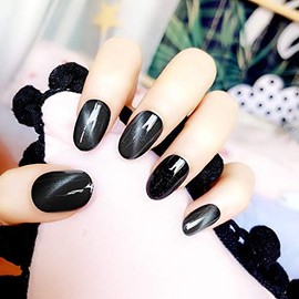 24pcs Nail Tips, Gel Nail Lighting, Solid Color Nail Tips, Cat Eyes, Handmade Nail Art Tips (Black)