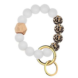 BattleTim Silicone Keychain Bracelets Wooden Beaded Key Ring Bracelet for Women,White