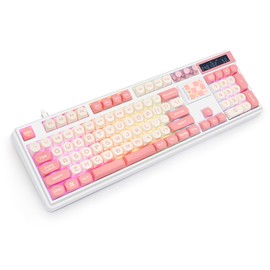 Glacier Skyloong GK104 Pro Full Size, Wireless/Wired Detachable USB-C Hot Swappable Mechanical Keyboard with Screen, Knobs, Calculator, Split Space Bar Compatible (White/Pink, Premium Cable)