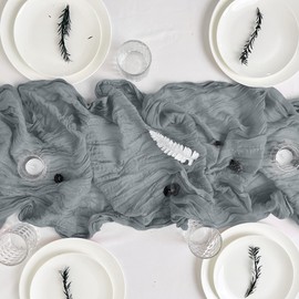Time to Sparkle Cheesecloth Table Runner 90X400CM Vintage Gauze Romantic Table Runner for Wedding Bridal Shower Birthday Party Table Decor Silver Grey