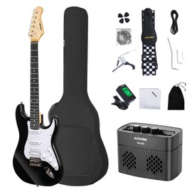 AODSK Electric Guitar with Amp Beginner Kit 39 Inch Solid Body Full Size,All Accessories,Digital Tuner,Six Strings,Four Picks,Tremolo Bar,Strap,Gig Bag,Starter kit (Black-HSS)