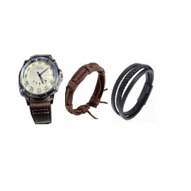 Mr. Gadget's Solutions 3-Piece Men's Luxury Casual Watches Simple Round Analogue Quartz Watch with 2 Leather Bracelets - Perfect Wrist Watches Gift Box Set for Boys