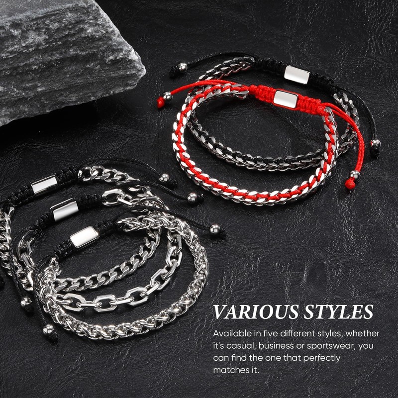 Silver Chain Bracelet For Men, Stainless Steel Silver and Red