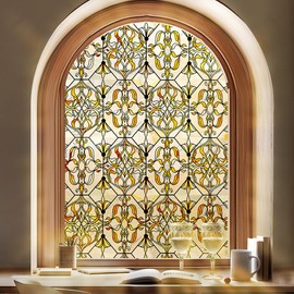 OHTMERU 3D Stained Glass Window Privacy Film, Heat Control UV Blocking Static Cling Decorative Window Film for Bathroom,Front Door,Home Non Adhesive 35.4 x 78.7 inches Golden Filigree