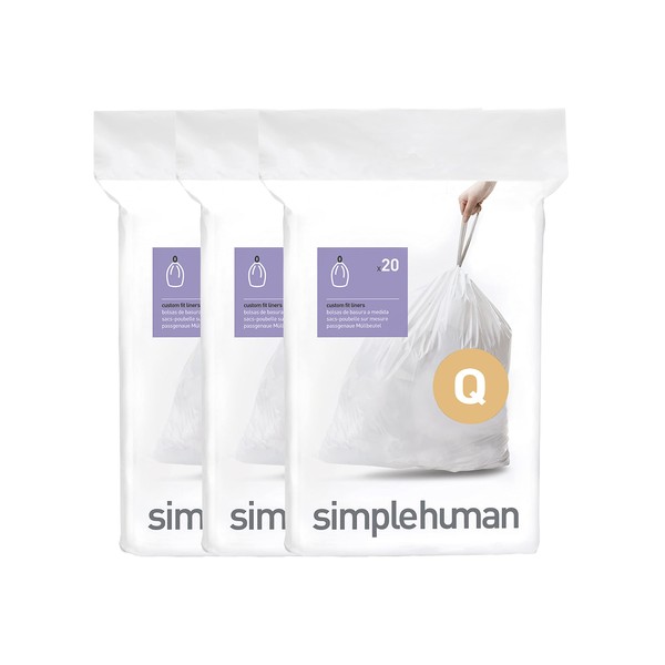 simplehuman Code Q Custom Fit Drawstring Trash Bags in Dispenser Packs, 60 Count, 50-65 Liter / 13.2-17.2 Gallon, White