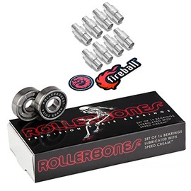 Rollerbones Bearings 8mm 16 Pack - w/ Dragon Spacers - Bones Bearings Roller Bearing Set for Roller Derby Inline Skates (608, w/ 6mm Spacers)