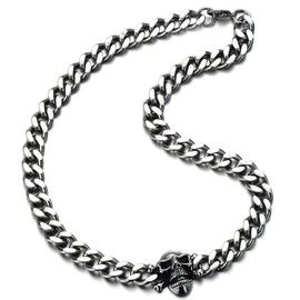 COOLSTEELANDBEYOND Mens Stainless Steel Curb Chain Skull Necklace Silver Color Gothic Style 30.3MM 22 inches