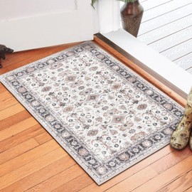 COLLACT 2x3 Area Rug - Vintage Taupe Floral Accent Doormat - Low Pile Non Slip Washable Thin Retro Farmhouse Boho Rug for Entryway Kitchen Bathroom Doorway Bedroom