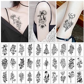 XIANGUO Tattoo Stickers, Tattoo Stickers, Set of 30, Black, Waterproof, Long Lasting, Stylish, Cute, Women's, Tattoo Stickers, Easy to Apply to Arms, Legs, Body, Chests, Shoulders, Backs