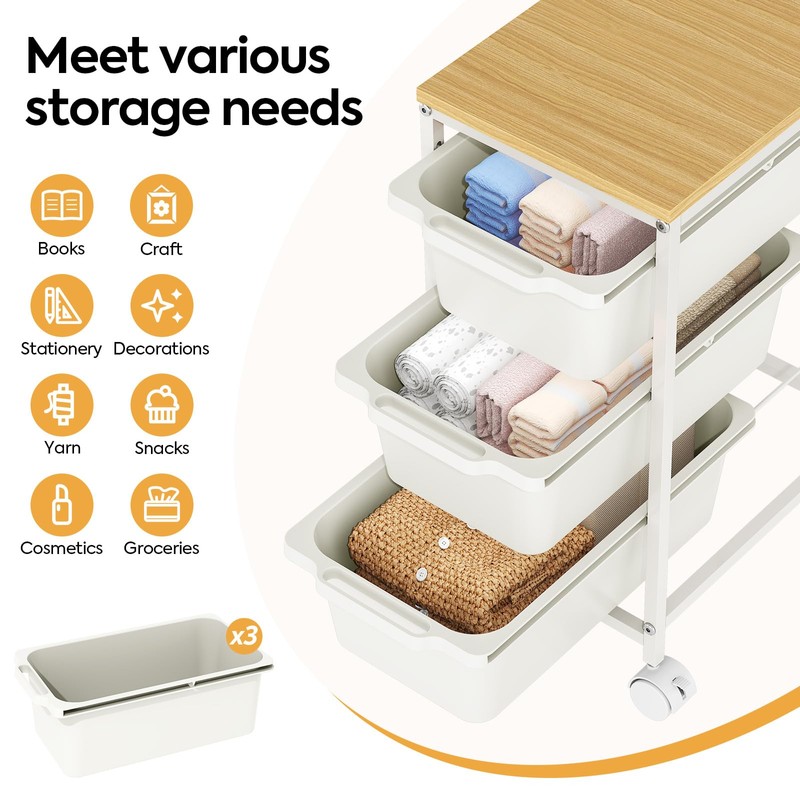 KINGBOARD Slim Rolling Cart with 3 Drawers, Metal Utility Storage