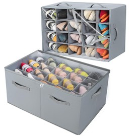 TOPIA HOME Shoe Organizer for Closet 2 Pack, Foldable Shoe Box with Adjustable Dividers and Clear Cover, Space Saving Shoe Storage Organizer Cabinet with Reinforced Handles, Fits 40 Pairs, Gray, TP11G