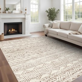 Moroccan Geometric 5x7 Area Rug: Soft Ultra-Thin Washable Farmhouse Area Rugs for Living Room Non-Slip Neutral Carpet for Bedroom Under Dinning Table Modern Stain Resistant Indoor Carpets Beige/White