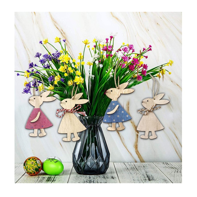 12pcs Easter Wooden Rabbit Ornaments Family DIY Mr.Bunny Cutout Tree