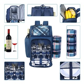 Hap Tim Picnic Backpack for 4 Person with Blanket, Insulated Leakproof Cooler Compartment, Wine Holder, Cutlery Set, Gifts Ideals for Wedding, Housewarming, White Elephant, Bridal Showers(36079-BL)