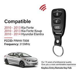 2 Keylessbest Replacement for 2010 2011 2012 2013 2014 Kia Forte Koup Hyundai Elantra Key Fob Remote Control PINHA-T008 4 Buttons 315MHz